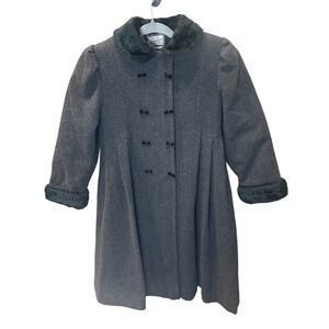 Vintage Kids Gray Wool Coat Faux Fur Collar Cuffs Girls Winter Party Dress